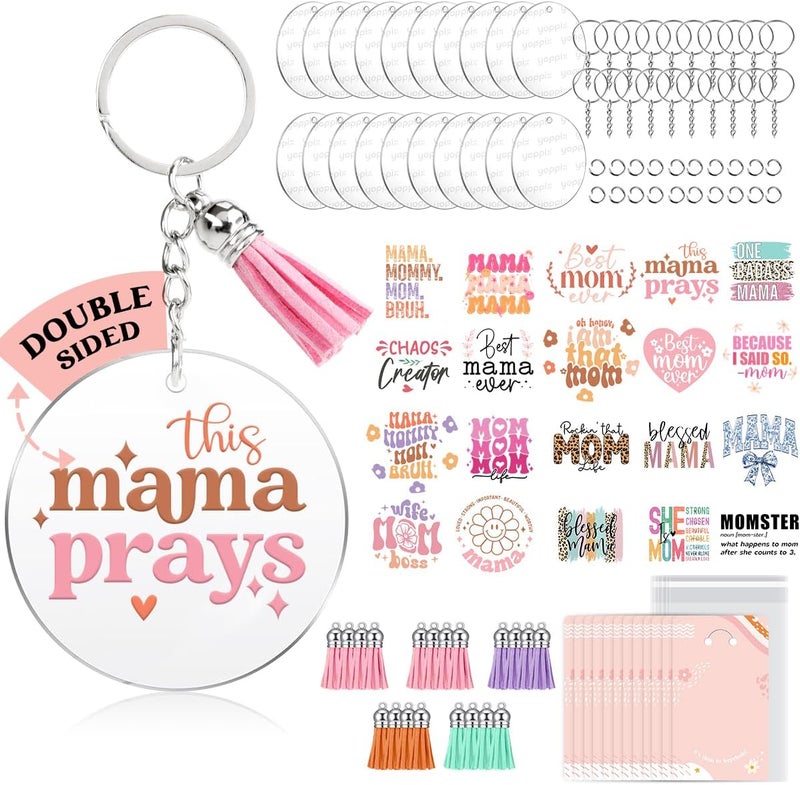 YOPPIX 140 PCS Acrylic Keychain Blank Set, Mama Double-Sided UV DTF Stickers Acrylic Keychain Making Kits for Vinyl DIY Craft Project - Image 1